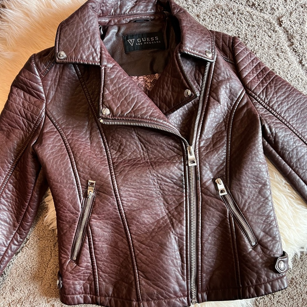Guess Los Angeles Asymmetrical Zip Faux Leather Jacket, Burgundy, Size S